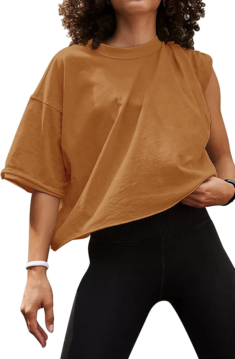 Detalle de Women's Oversize Workout Crop Tops Roll Hem Basic Loose Yoga Tee
