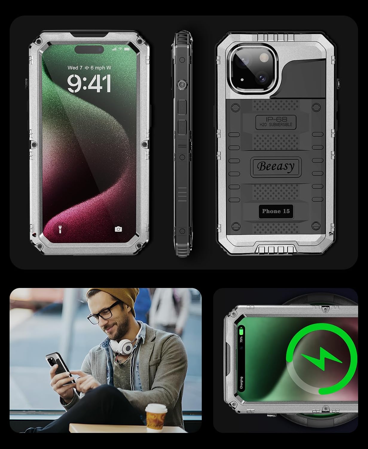 Thumbnail 5 de Beeasy Robust Series iPhone 15 Waterproof Heavy Duty Case (Silver) – full-body shockproof armour cover