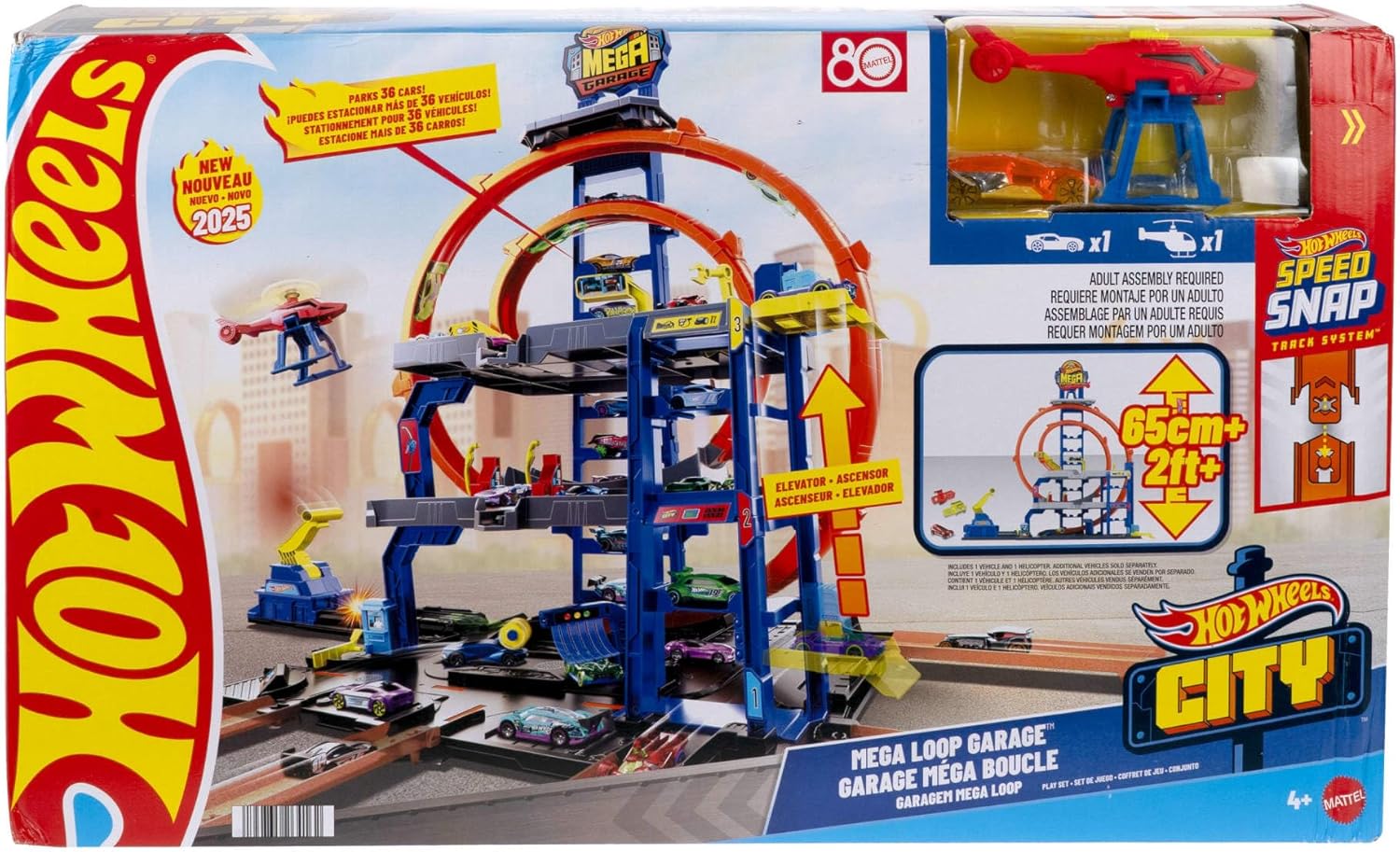 Thumbnail 6 de Hot Wheels City Méga Garage avec voiture et hélicoptère – 3 niveaux, 2 boucles, 37 emplacements 1/64 (JLC05)