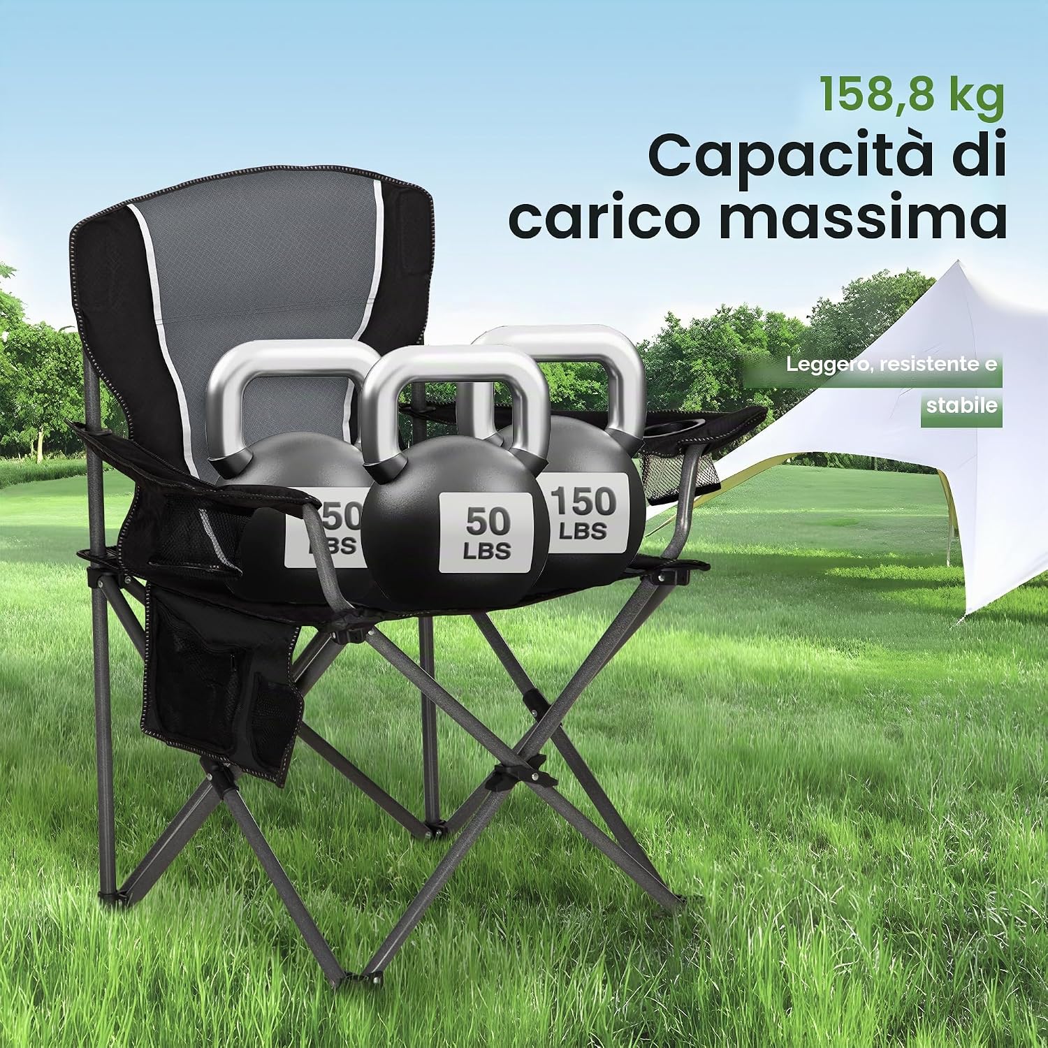 Detalle 2 de HIGH POINT SPORTS Sedia Pieghevole da Campeggio Nero-Grigio 160KG – 2 pezzi, seduta ampia e portabicchieri