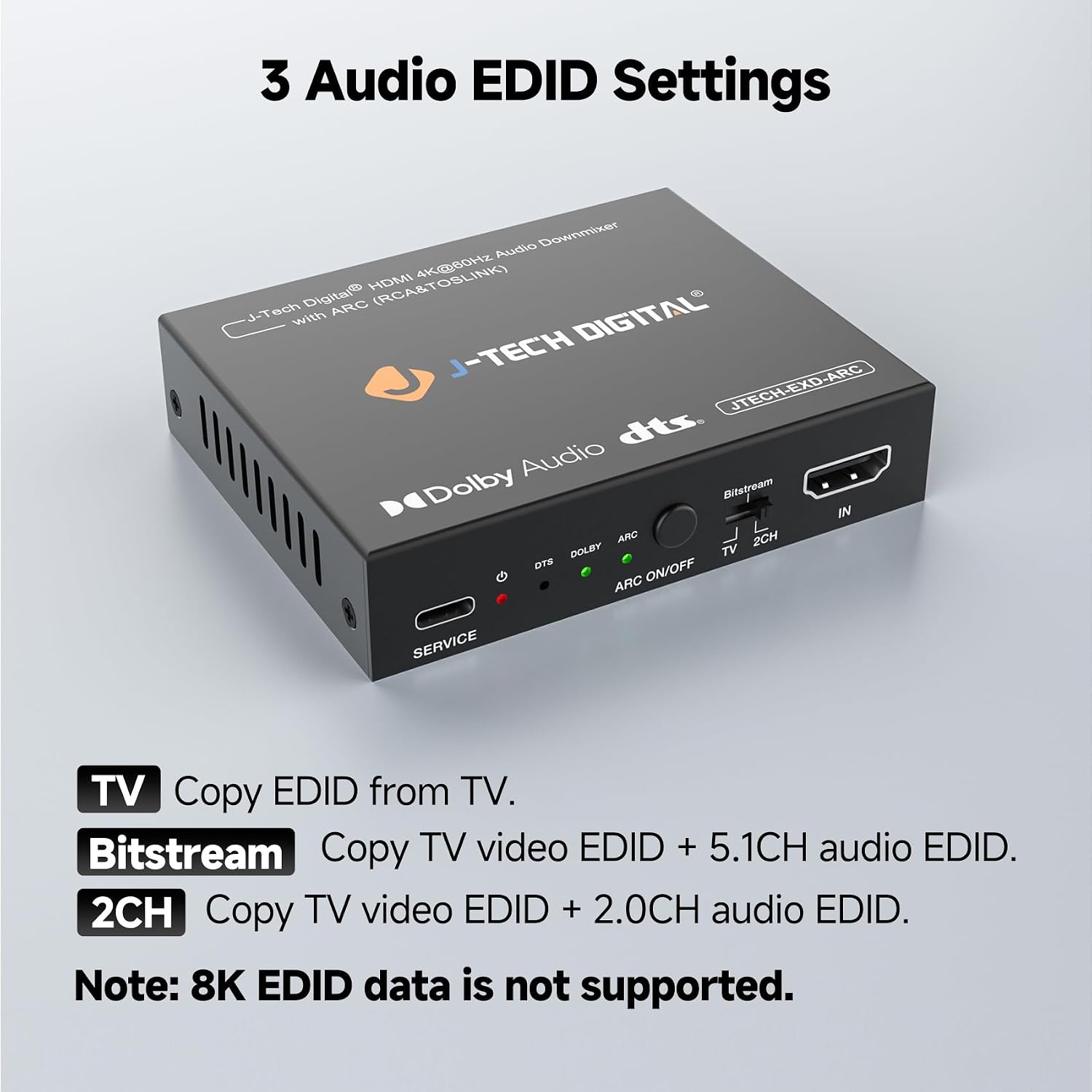 Detalle 2 de J-Tech Digital HDMI Audio Extractor 4K 60Hz with ARC: HDMI to Optical & RCA Converter (JTECH-EXD-ARC)
