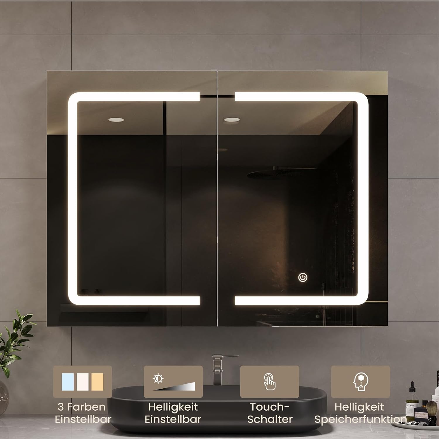 Thumbnail 2 de DICTAC Badezimmer Spiegelschrank mit LED & Sensorschalter, 80 x 60 x 16 cm (Doppeltür, Steckdose)