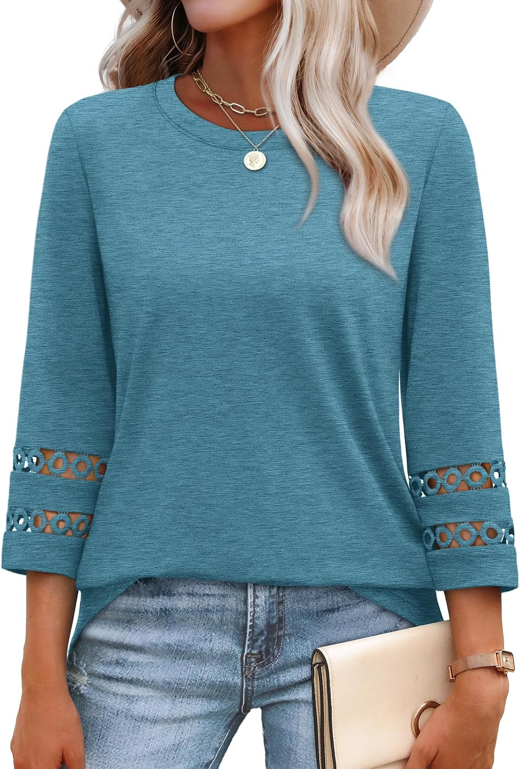 Detalle de XIEERDUO Summer Tops: V Neck 3/4 Sleeve Blouse for Women in Loose Fit