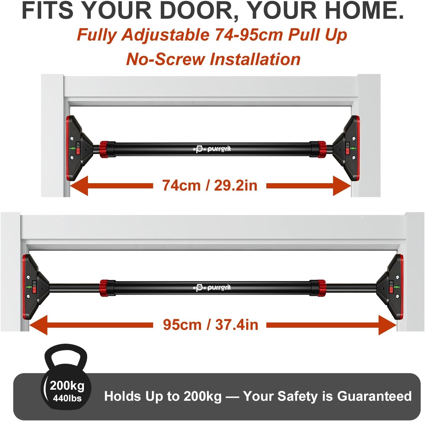 Detalle de Purrgrit door pull up bar (no-screw) with adjustable 74–95cm width, 200kg capacity and extra foam padding