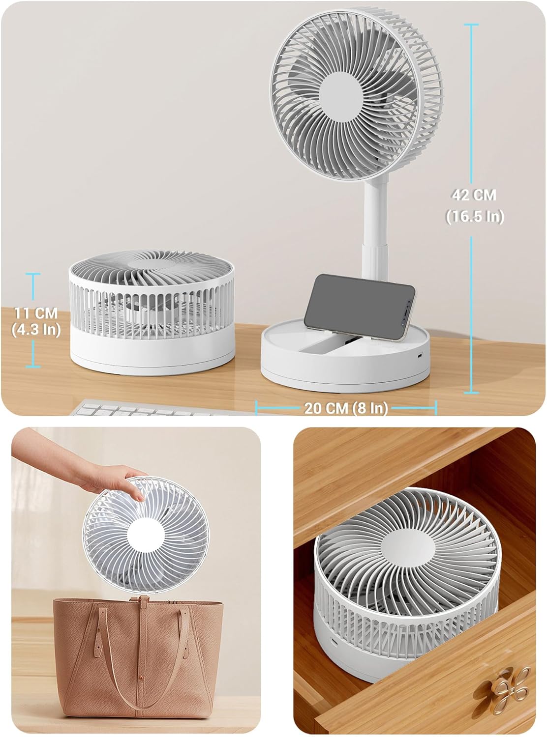 Detalle 2 de KASYDoFF Desk Fan (8-inch) USB portable fan with 90° oscillation, timer and rechargeable 5400mAh battery