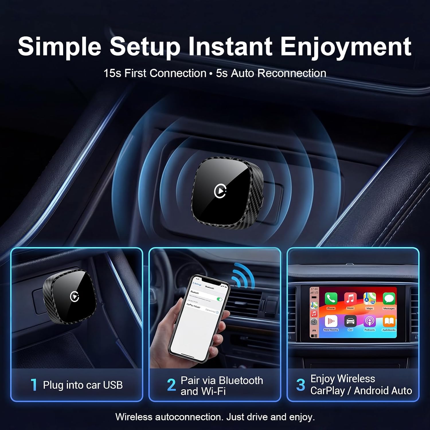 Thumbnail 6 de Wireless CarPlay Adapter for Apple iPhone & Android Auto (2026 Upgrade) — Bluetooth & Wi‑Fi Plug & Play, Black