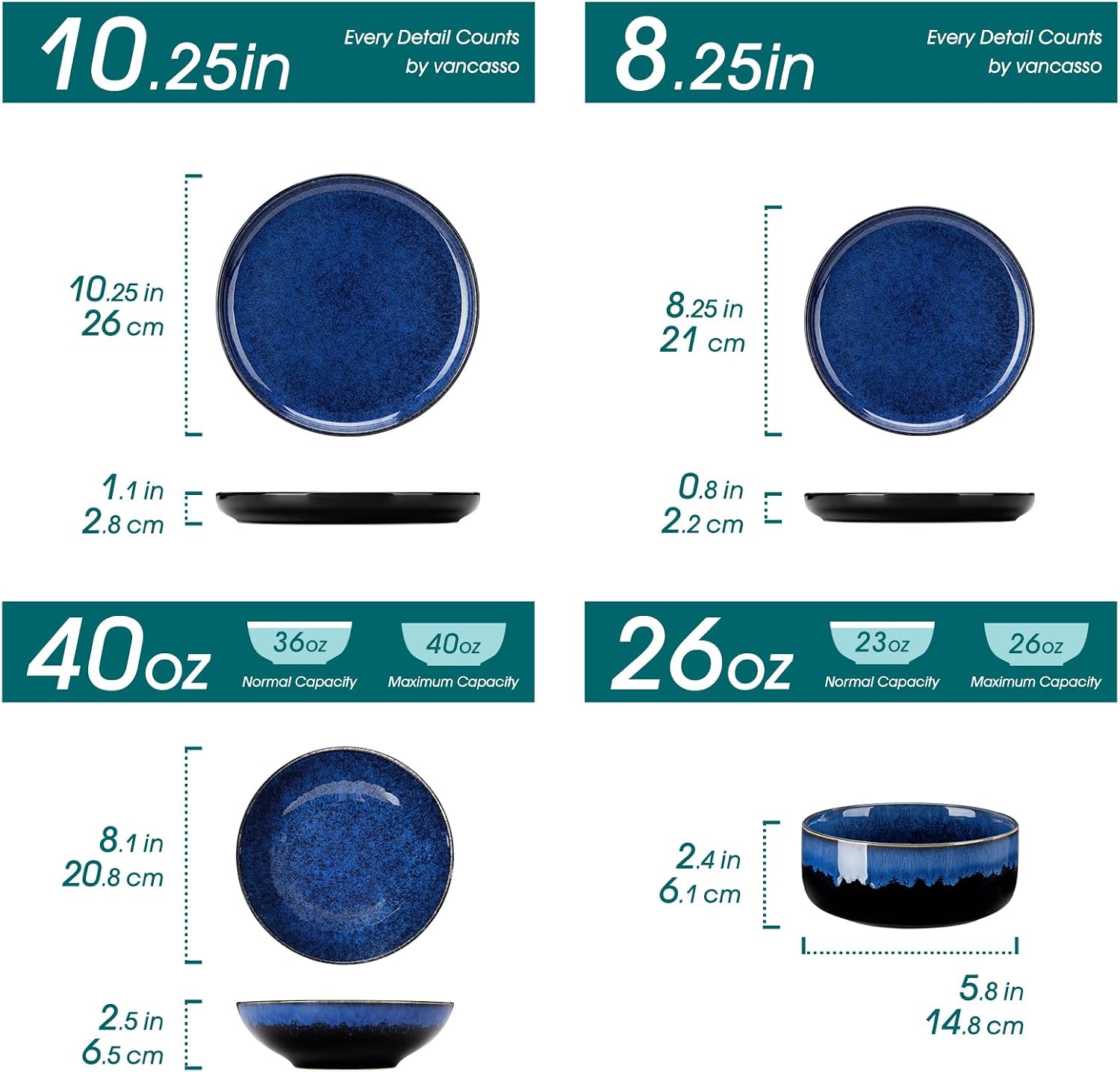 Detalle de Vancasso Starry 24-Piece Dinnerware Set for 6 – Blue Reactive Stoneware with Vertical Edge