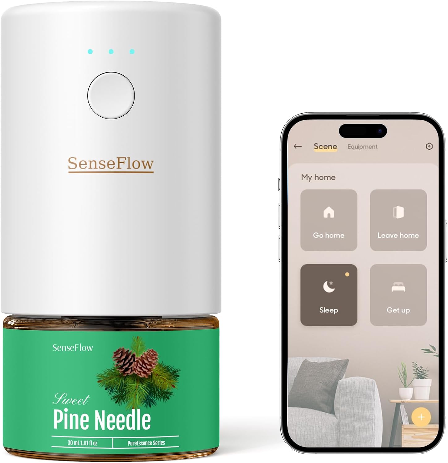 Detalle de SenseFlow Diffusore di Oli Essenziali Wi-Fi SF101S – Profuma la casa con PureMist, 93 m², aghi di pino