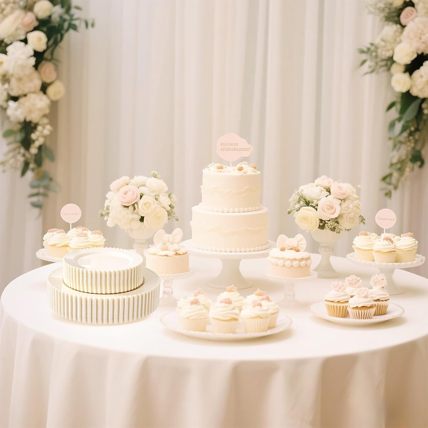 Detalle 2 de U-QE 60PCS Ivory Beaded Plastic Plates - 30 Dinner (10in) + 30 Dessert (7in) Set