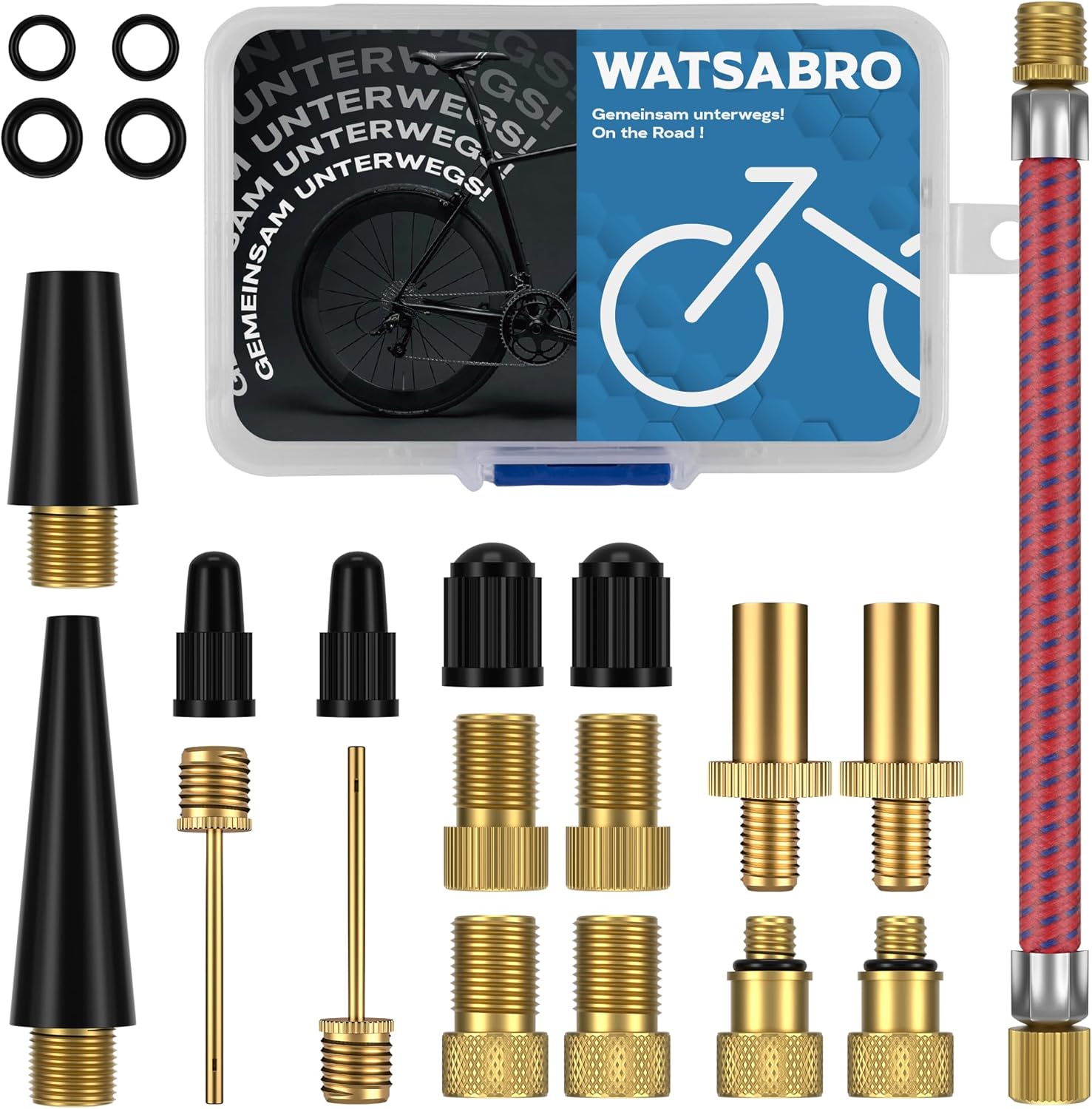 Detalle de WATSABRO Fahrradventil Adapter Set – Universelle Adapterlösung für AV, SV und DV mit praktischer Aufbewahrungsbox