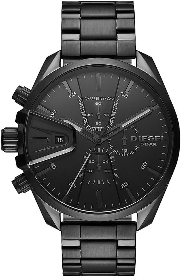 Detalle de Diesel MS9 Herren-Uhr – Chronograph, 48 mm, rundes Edelstahlgehäuse, Zifferblatt in Schwarz
