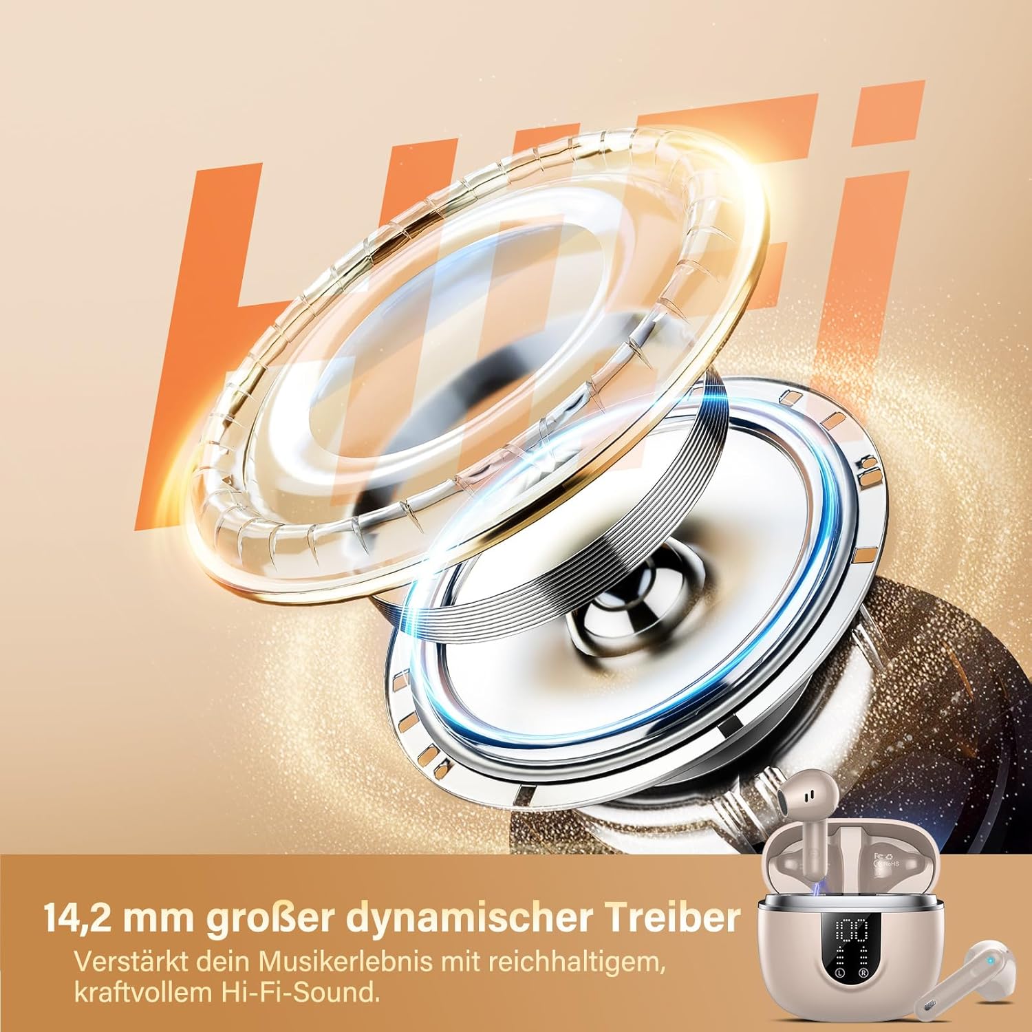 Detalle de Bluetooth Kopfhörer BD88: Kabellose In-Ear mit ENC, 45 Std Laufzeit, IPX7 und 14,2 mm Treibern, Beige