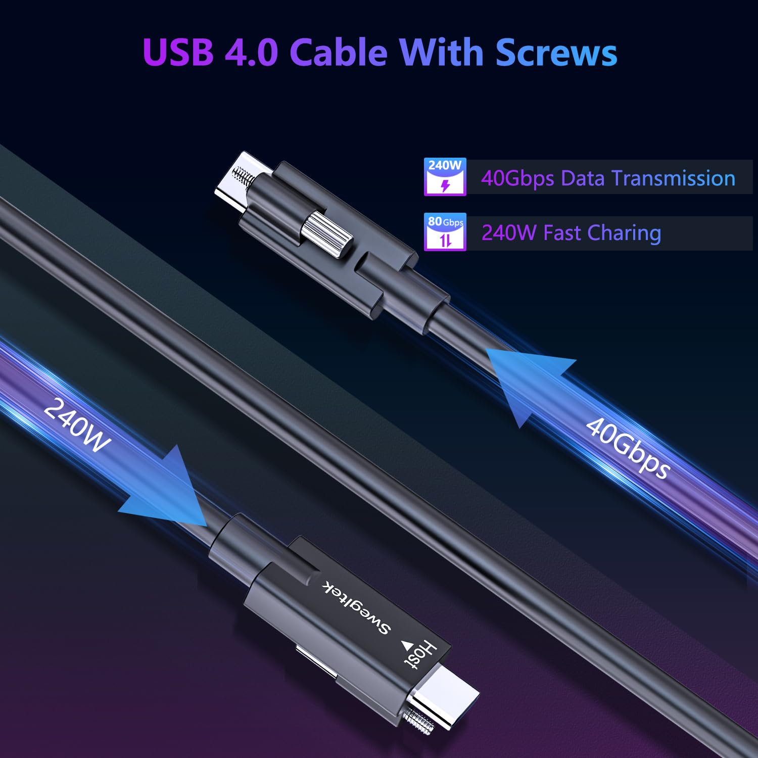 Detalle 2 de swegltek USB-IF Certified USB4 C Cable with Screw-Lock (80Gbps, 1.6ft) – USB-C to USB-C