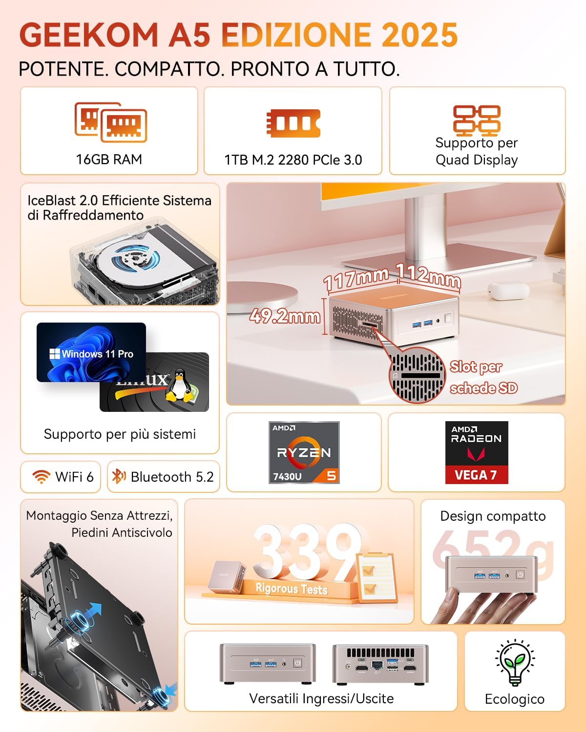 Detalle de GEEKOM A5 Mini PC con AMD Ryzen 5 7430U, 16GB RAM DDR4 e SSD 1TB, Windows 11, LAN 2.5G, slot SD, USB4 e HDMI