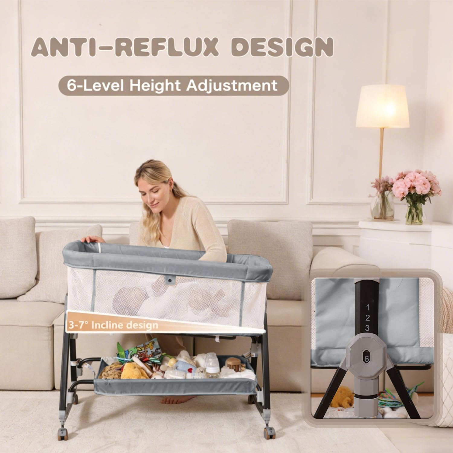 Detalle de feelogos BB-858 Bedside Bassinet with Adjustable Height and Breathable Mesh