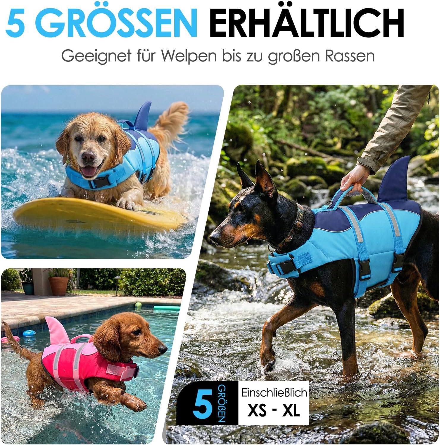 Thumbnail 6 de AOFITEE Schwimmweste Hund Mittel „Hai“ – verstellbar, mit Tragegriff & reflektierend (M)