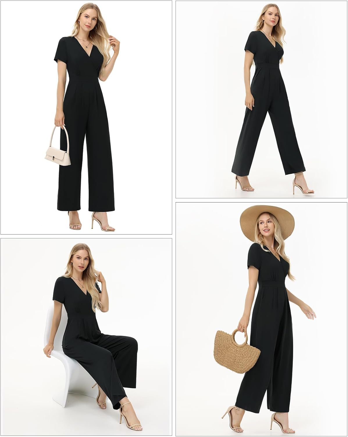 Thumbnail 4 de Tanmolo Damen Jumpsuit Elegant Sommer – Kurze Ärmel, V-Ausschnitt, weitem Bein, Taschen, High-Waist