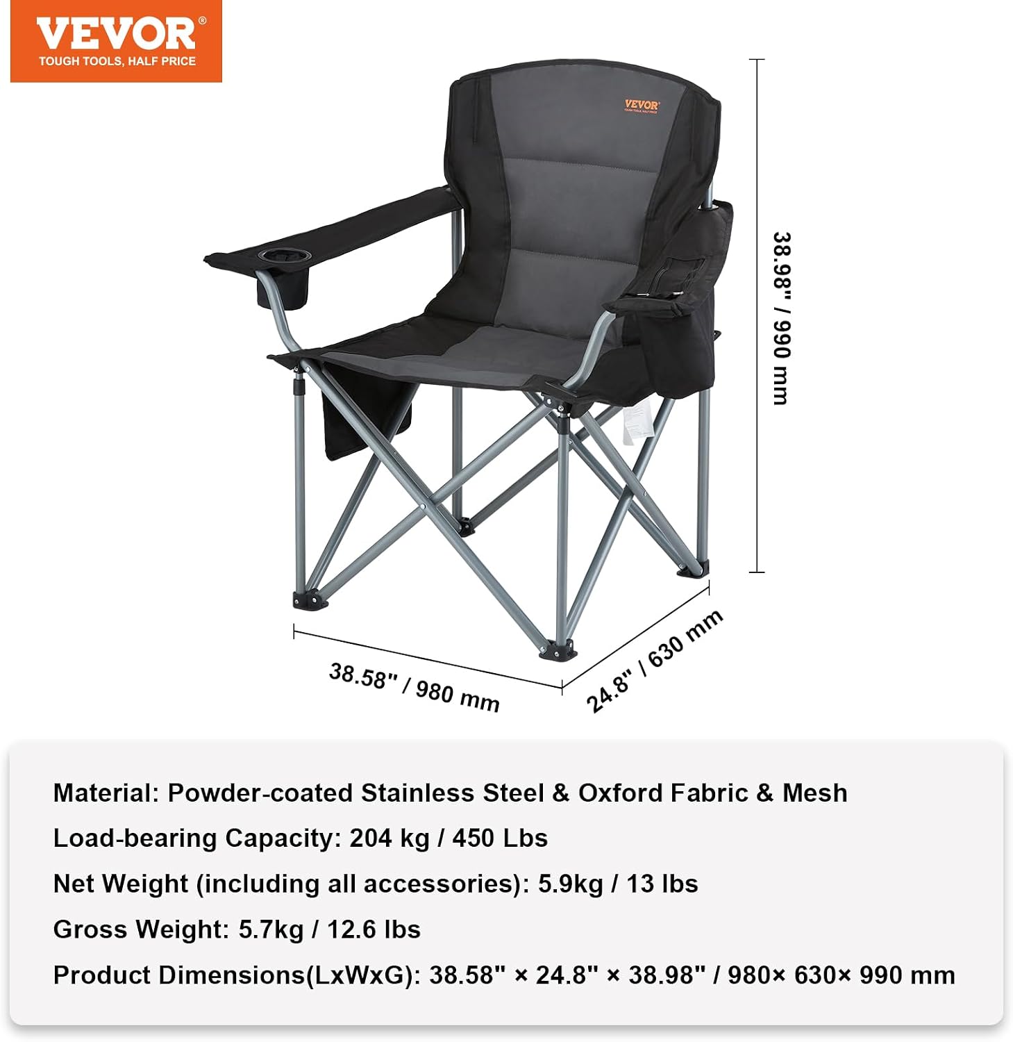 Thumbnail 2 de VEVOR Oversized Camping Folding Chair, 600D Oxford Fabric, Padded Backrest