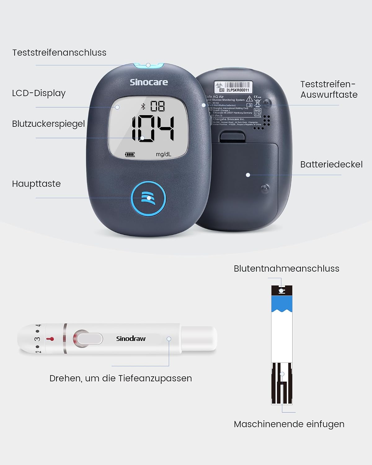 Thumbnail 6 de Sinocare Blutzuckermessgerät Bluetooth mit App – Klinische Präzision, Nachprobenahme in 5 Sekunden
