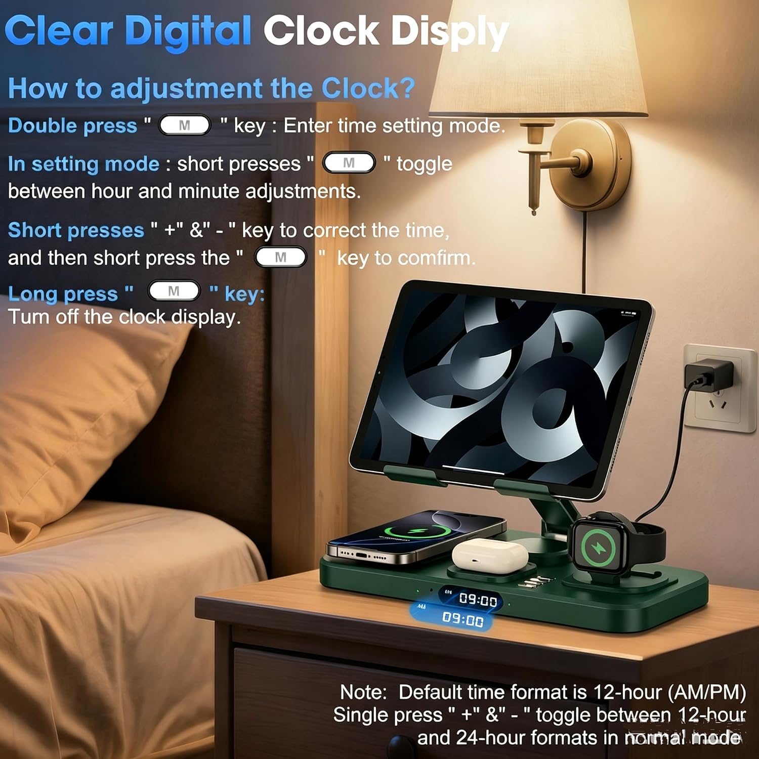 Detalle 1 de Opinta 6-in-1 Wireless Charging Station with Foldable iPad Stand, Clock & Light