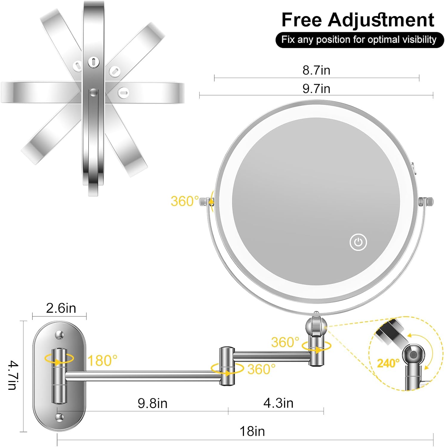 Thumbnail 5 de 9" Wall Mounted Lighted Makeup Mirror 4000mAh