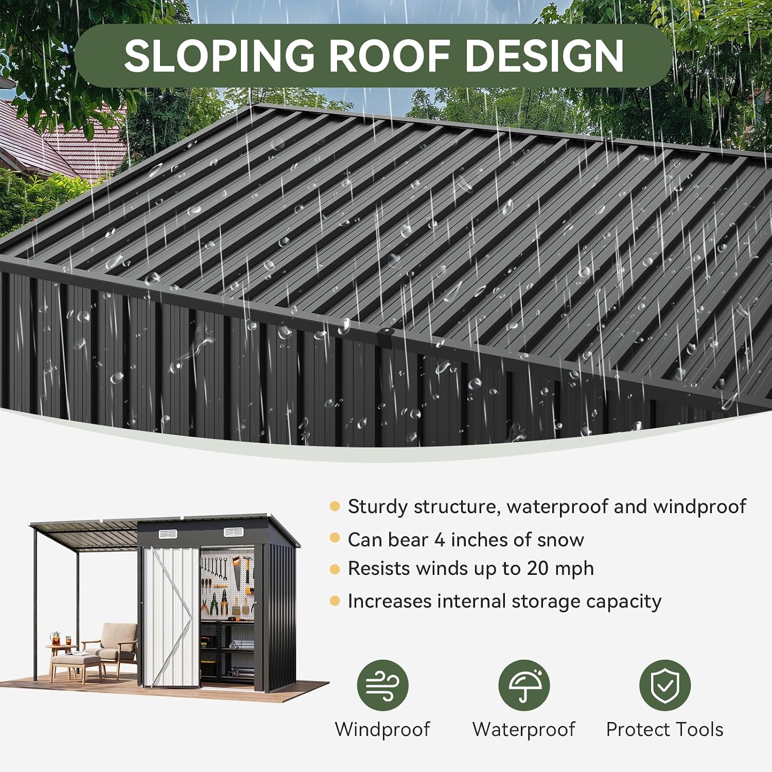 Detalle 1 de Aoxun Galvanized Steel Storage Shed and Canopy Combo