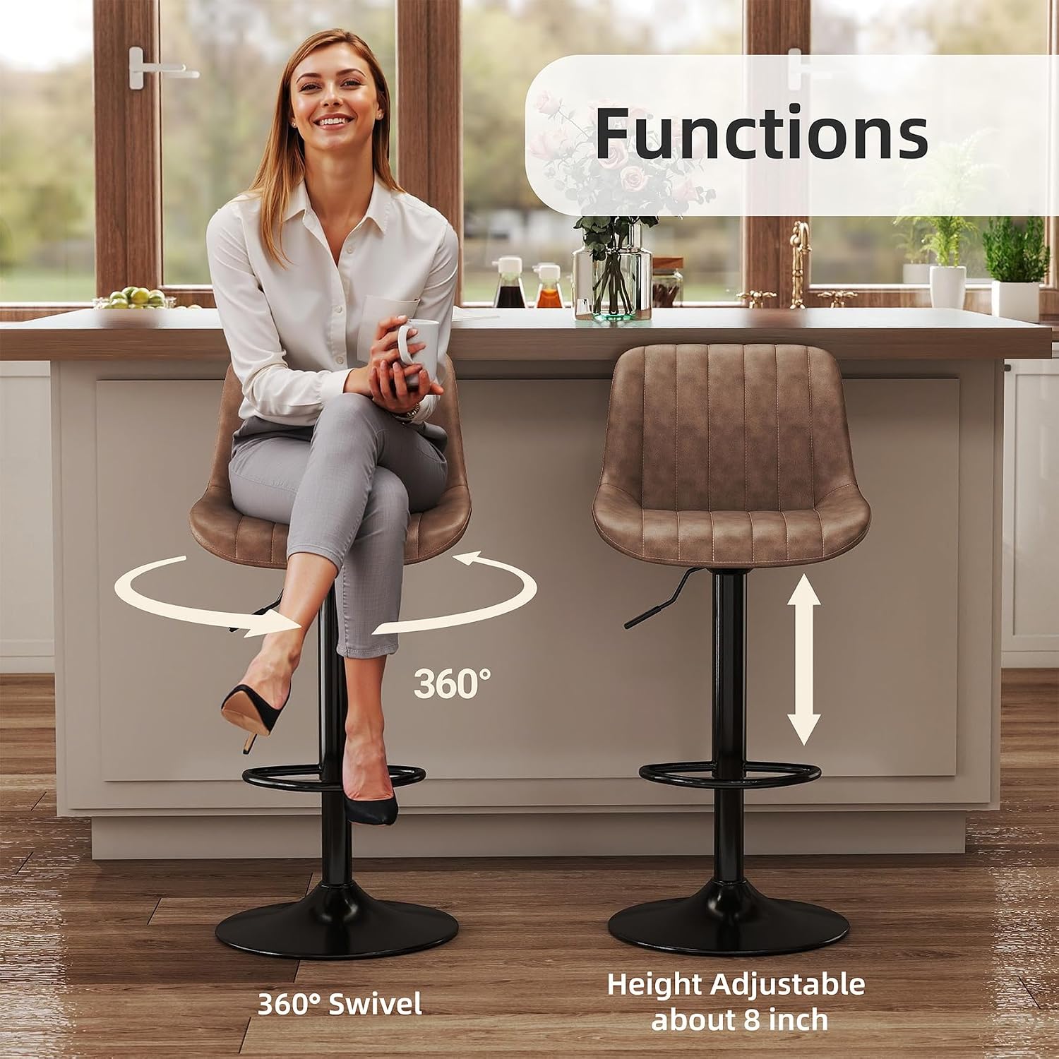 Detalle 2 de Youhauchair Adjustable Faux Leather Bar Stools, Set of 3, Light Brown
