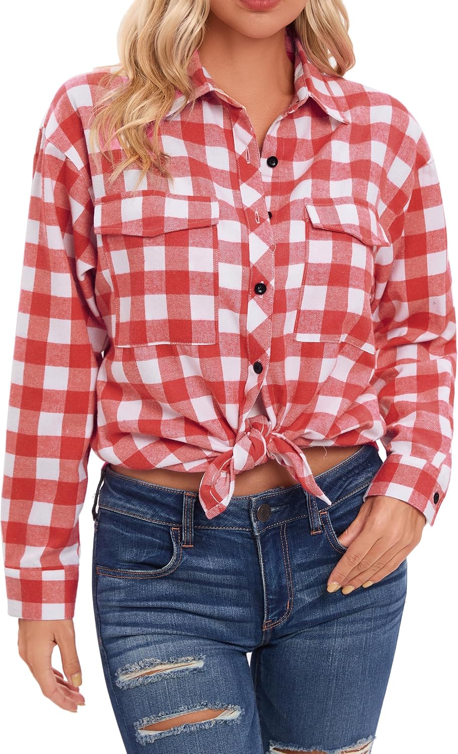 Detalle 2 de Timuspo geruite damesblouse van flanel met V-hals en lange mouwen