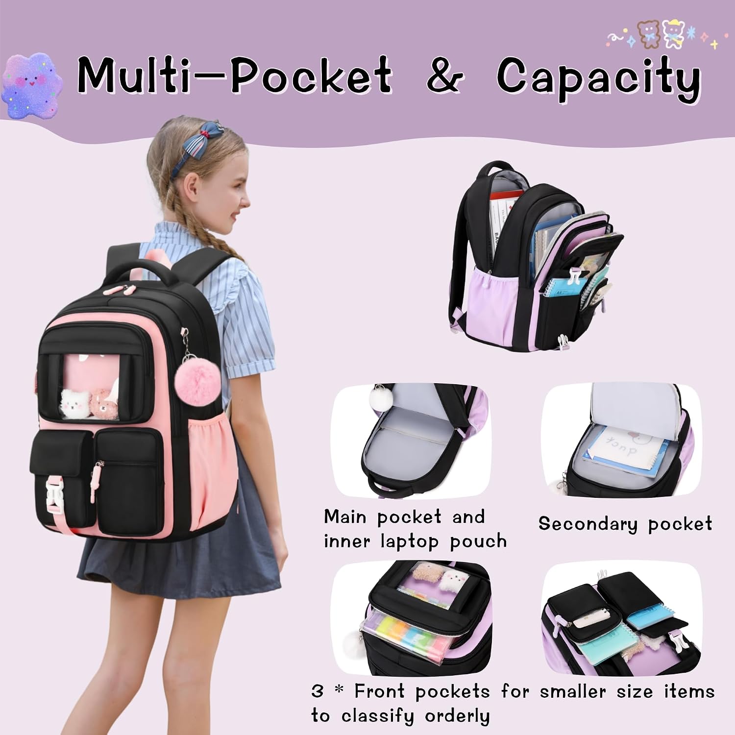 Detalle 2 de Bansusu Kawaii Girls Backpack for Kids – 26L School Daypack (B552-Black+Pink)