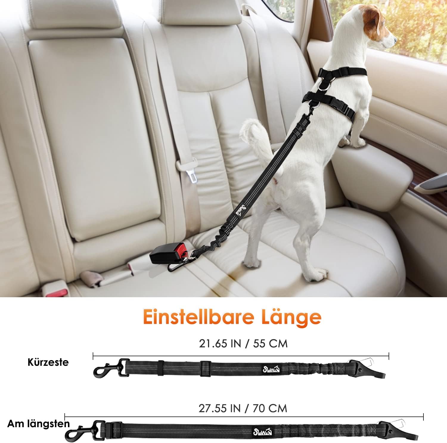 Thumbnail 6 de Eyein Hunde-Sicherheitsgurt für Auto (3-in-1), verstellbar mit elastischer Ruckdämpfung, reflektierend, 70 cm – Schwarz