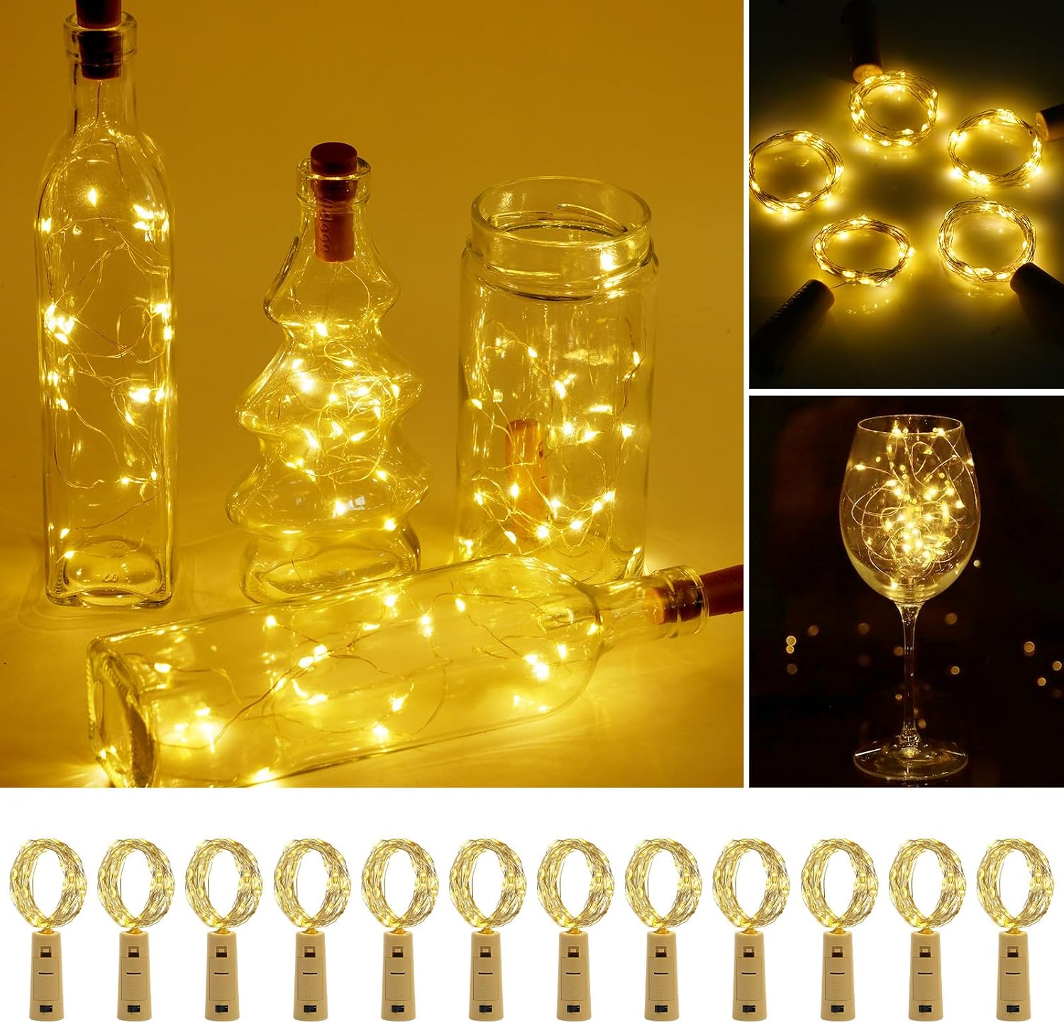 Detalle de Vicloon flasklampor med kork, 12-pack med 2 m koppartråd och 20 varmvita LED