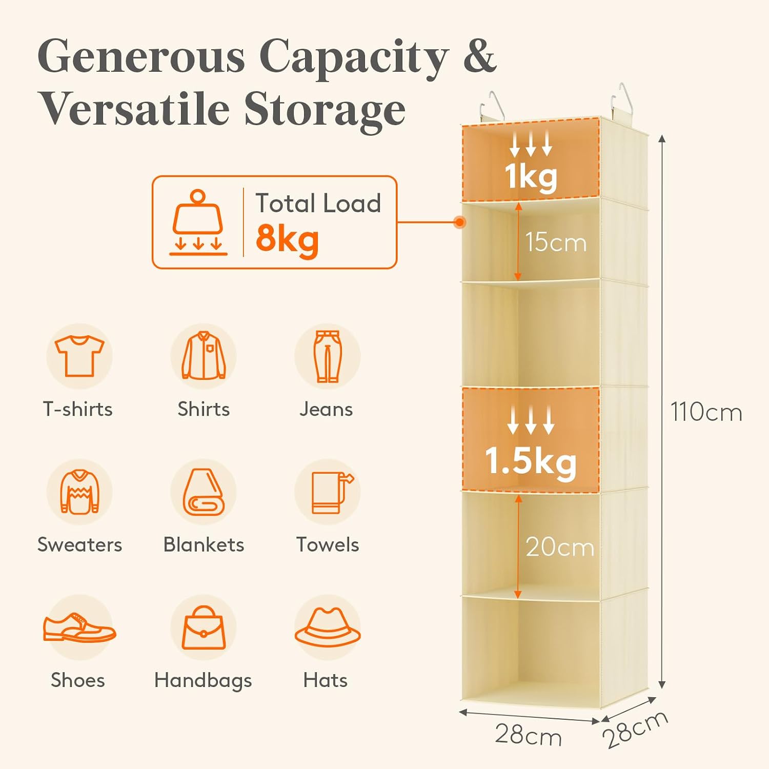 Detalle de Lifewit 25081 Hanging Wardrobe Organiser, 6 Tiers, Foldable, Beige, 2 Pack