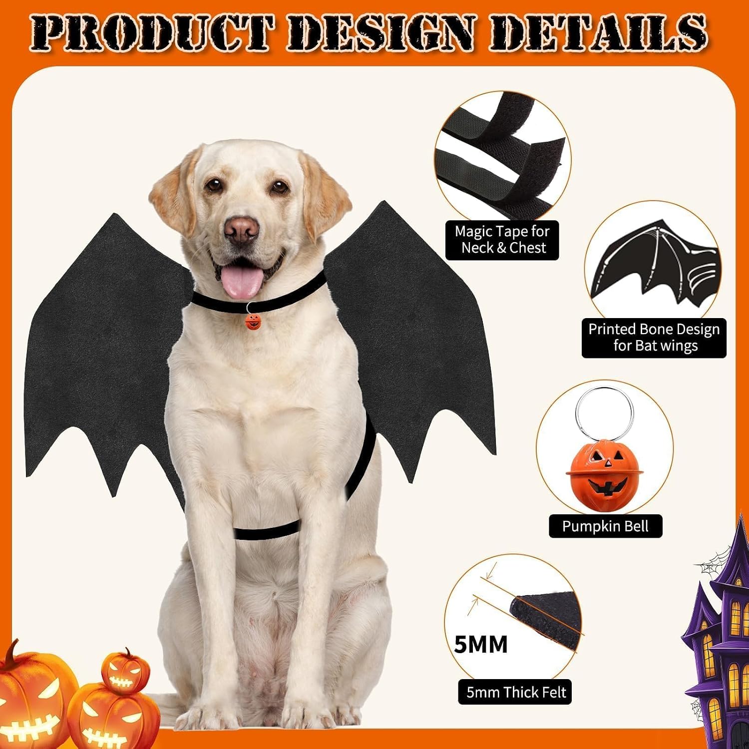 Detalle de OLANRUN OL-Halloween-Dog Large Dog Bat Wings Costume with Skeleton Print