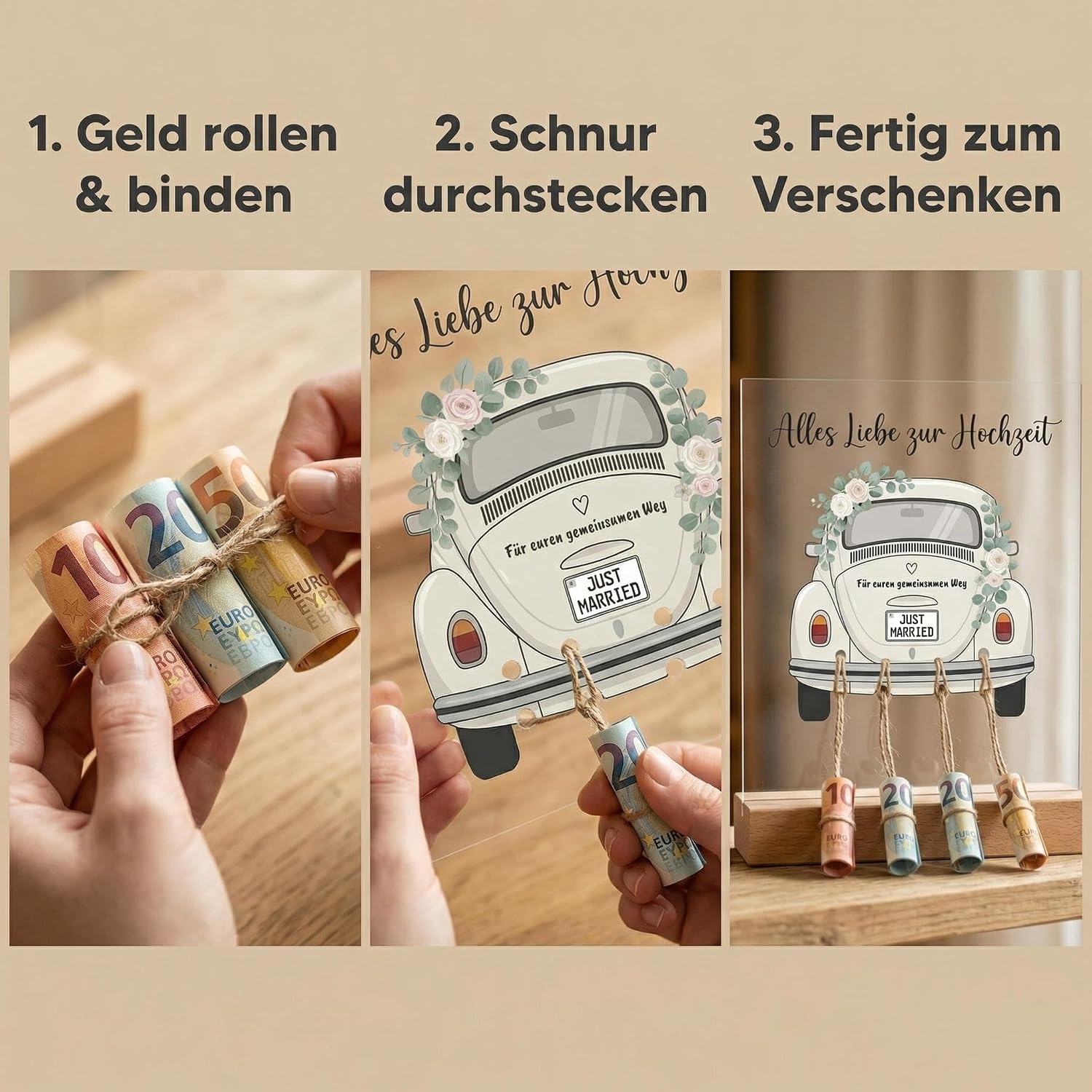 Thumbnail 5 de Kreatives Geldgeschenk Hochzeit – Acryl-Aufsteller mit Holzsockel, Vintage Auto Motiv