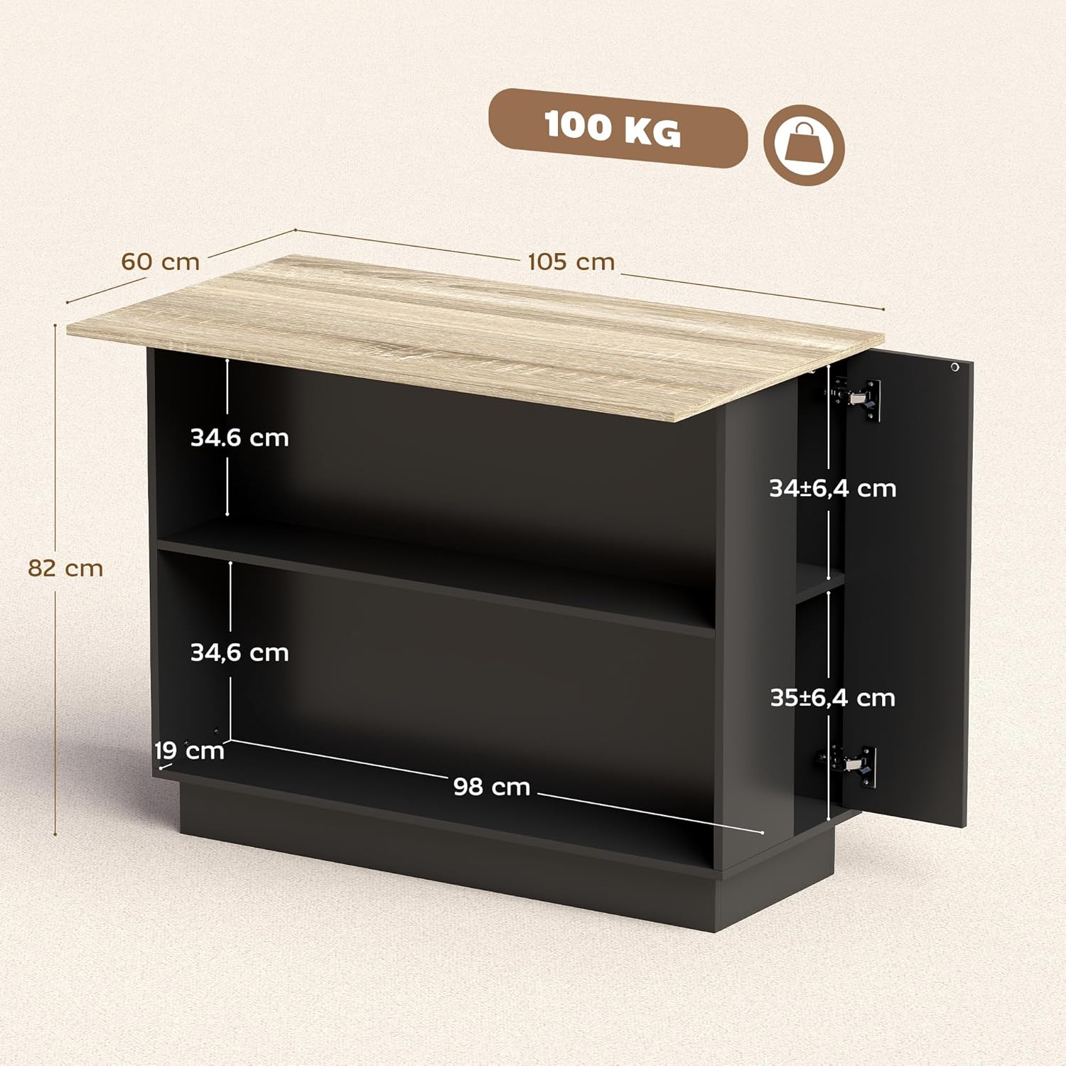Thumbnail 2 de HOMCOM desserte d’îlot de cuisine 105 x 60 cm, plan de travail effet bois, 2 placards et étagères réglables