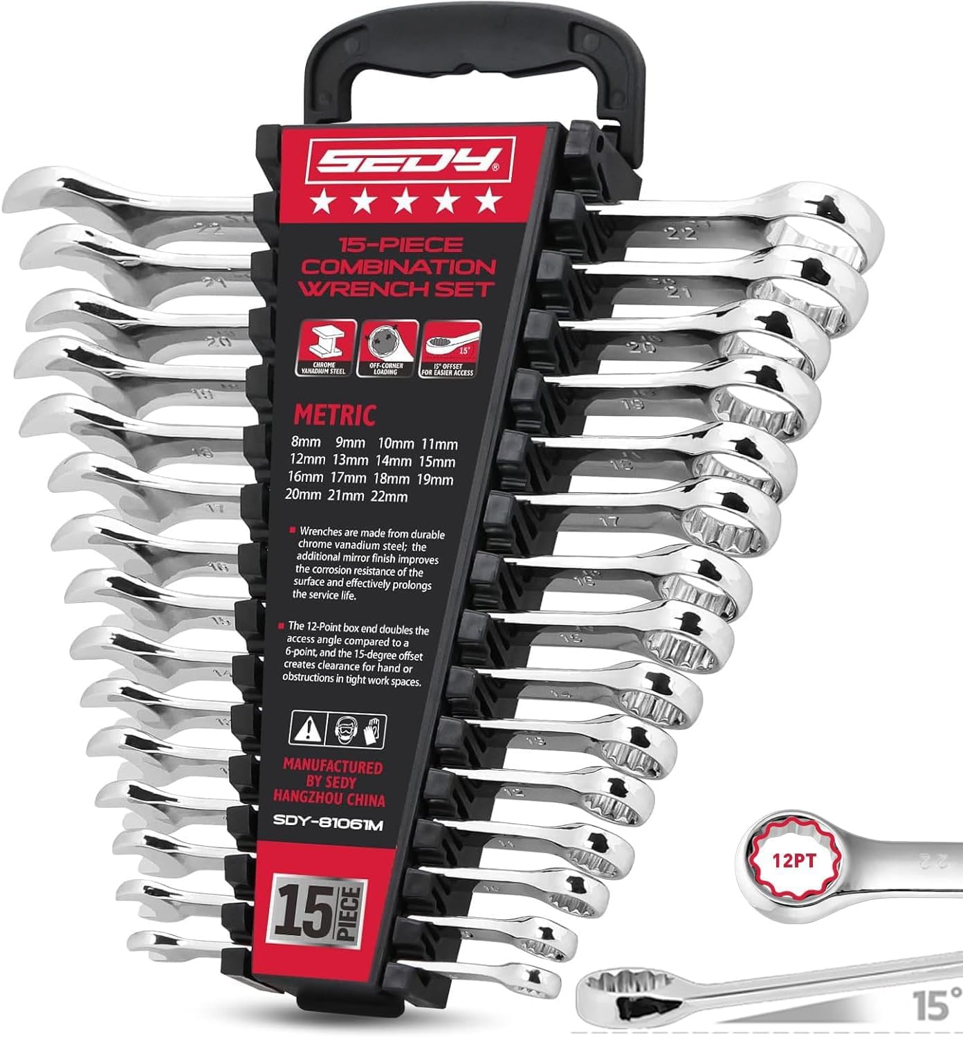 Detalle de SEDY 81061M 15-Piece Metric Combination Wrench Set, 8–22mm, 12-Point