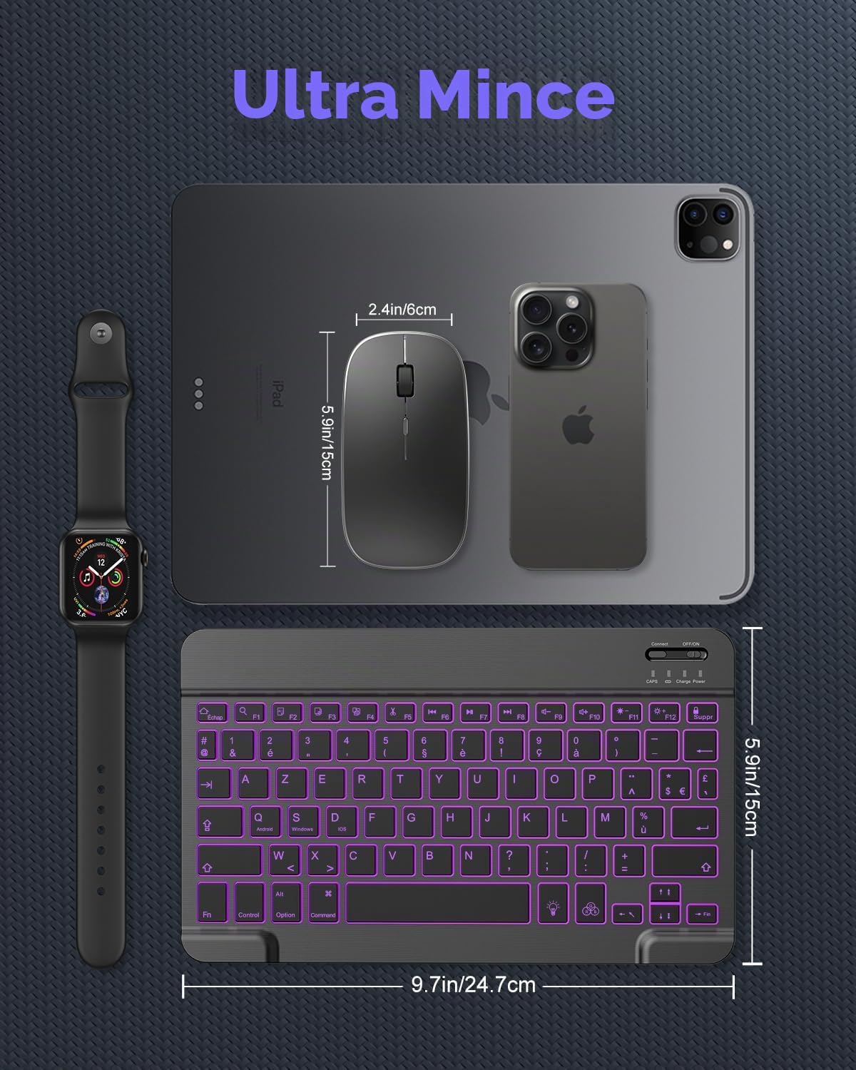 Detalle de ENSEMBLE TECURS Clavier et Souris Bluetooth sans Fil pour iPad — Rétroéclairage 7 couleurs, AZERTY Français, Ultra-mince