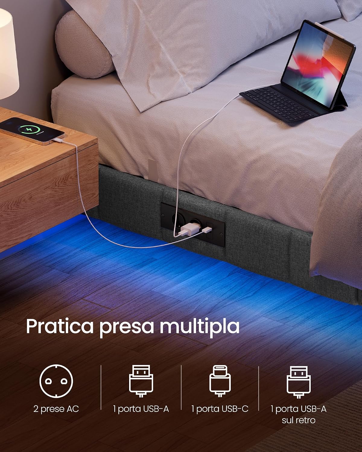 Thumbnail 3 de VASAGLE Struttura Letto Effetto Fluttuante 160x200 cm con LED, prese e USB – Grigio Ardesia RMB165G101