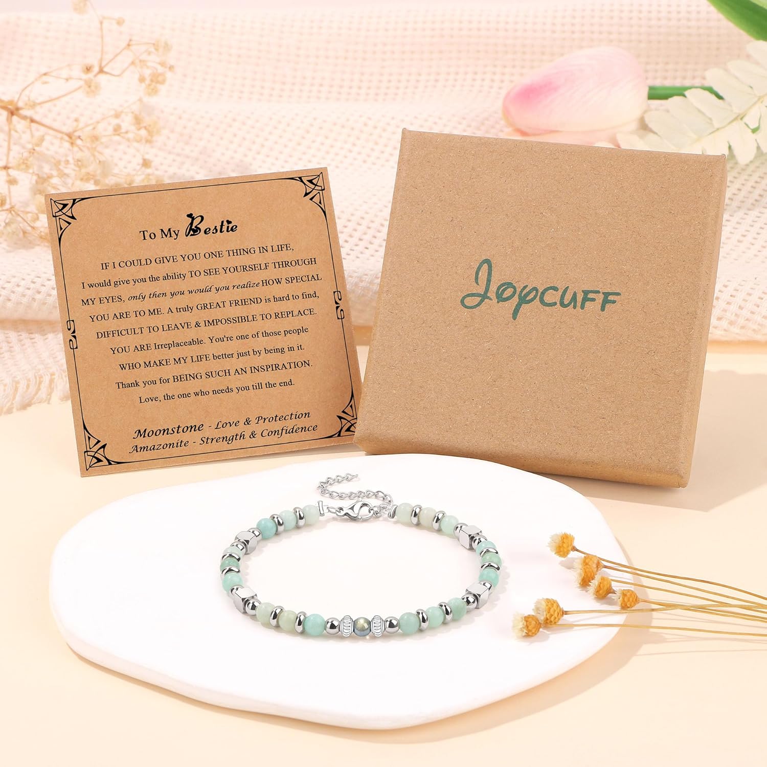 Detalle de JoycuFF Gifts for Women Moonstone Bracelet with Amazonite Beads — 7.0" + 1.5" Extender, Hypoallergenic Stainless Steel, Delicate Box