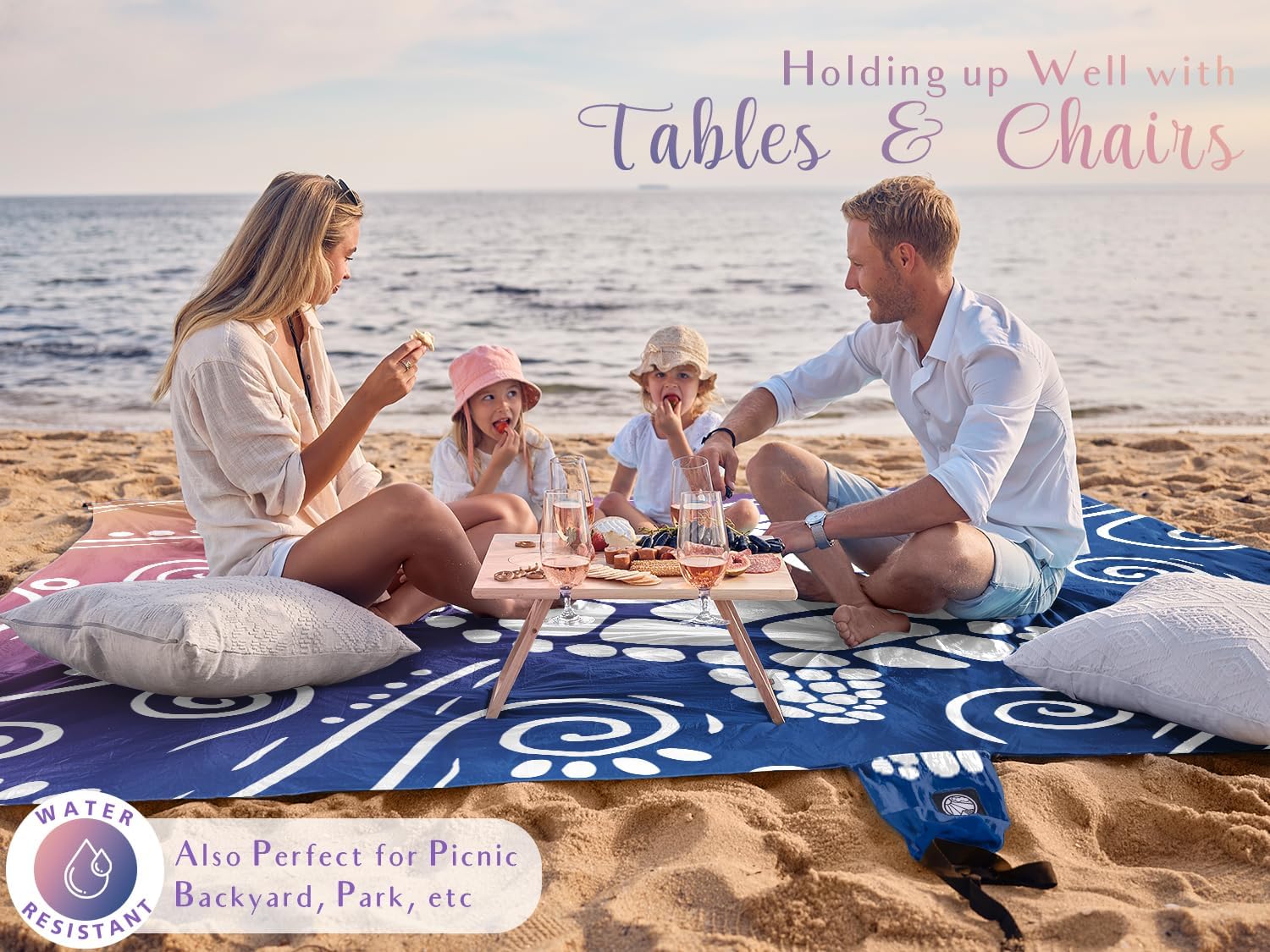 Detalle de WEKAPO Beach Blanket Waterproof Sandproof Oversized 11 x 9 ft with Stakes — Deep Blue Sea Turtle