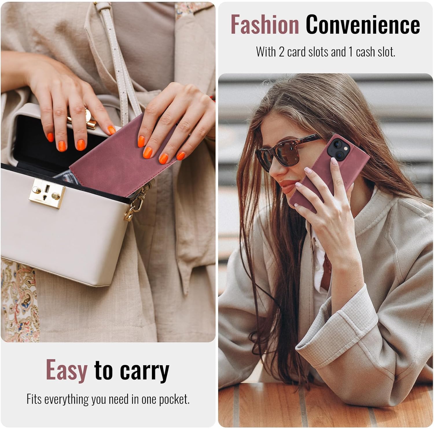 Thumbnail 3 de Azororo Handyhülle für iPhone 14 5G im Flip-Case-Stil mit Kartenfach & Standfunktion (Weinrot)