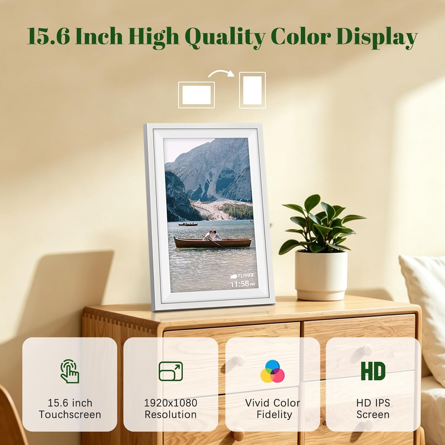 Detalle de White Oak Wood Large Digital Photo Frame 15.6 Inch with Wifi and 32GB Storage