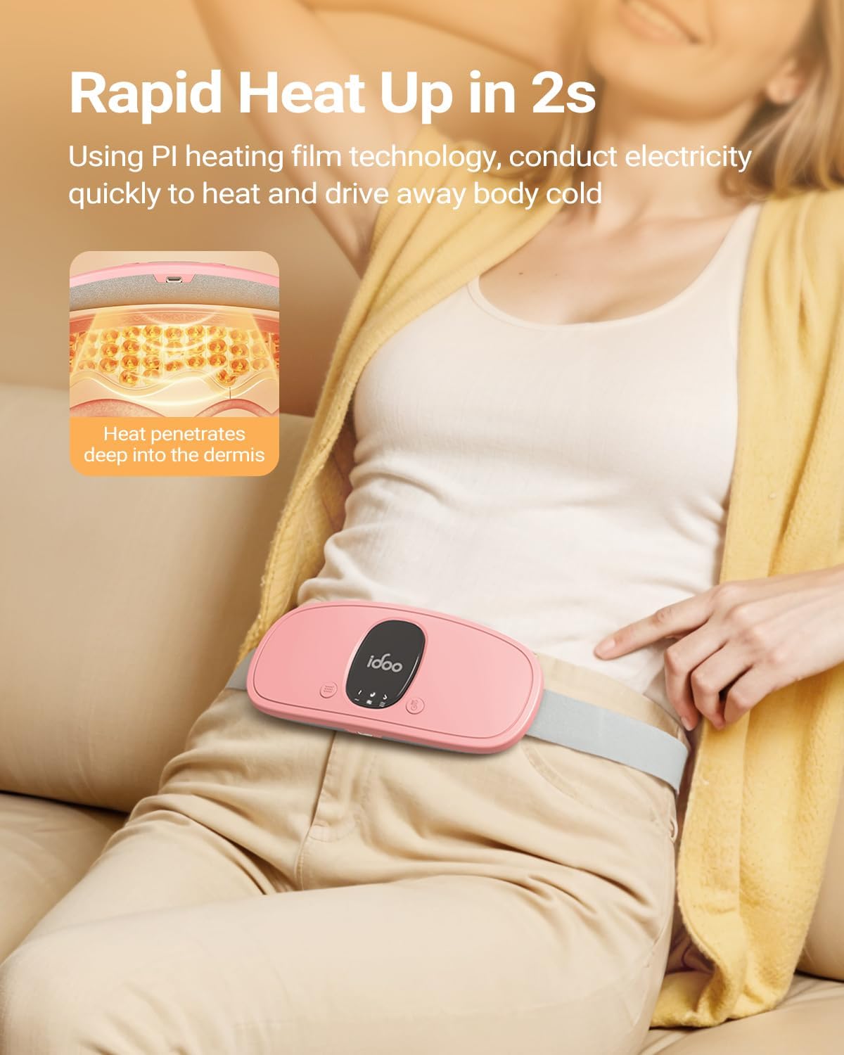 Detalle 2 de iDOO Portable Heating Pad Belt – rechargeable heated wrap for waist and abdomen (pink)