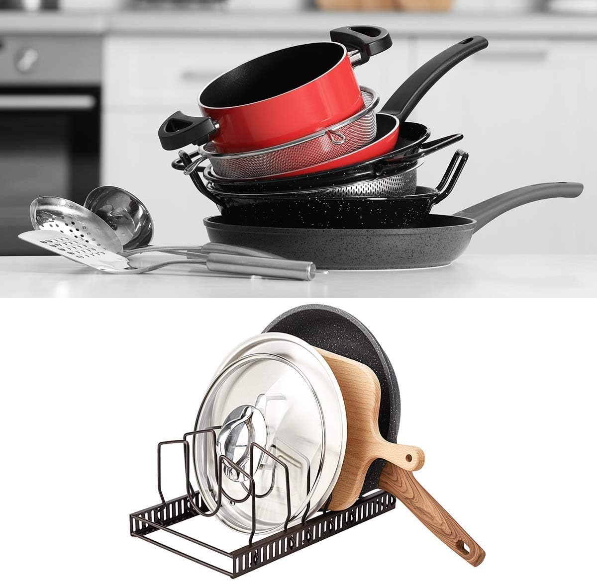 Thumbnail 2 de Toplife Pot Lids Organizer Rack with 7 Adjustable Compartments (Brown)