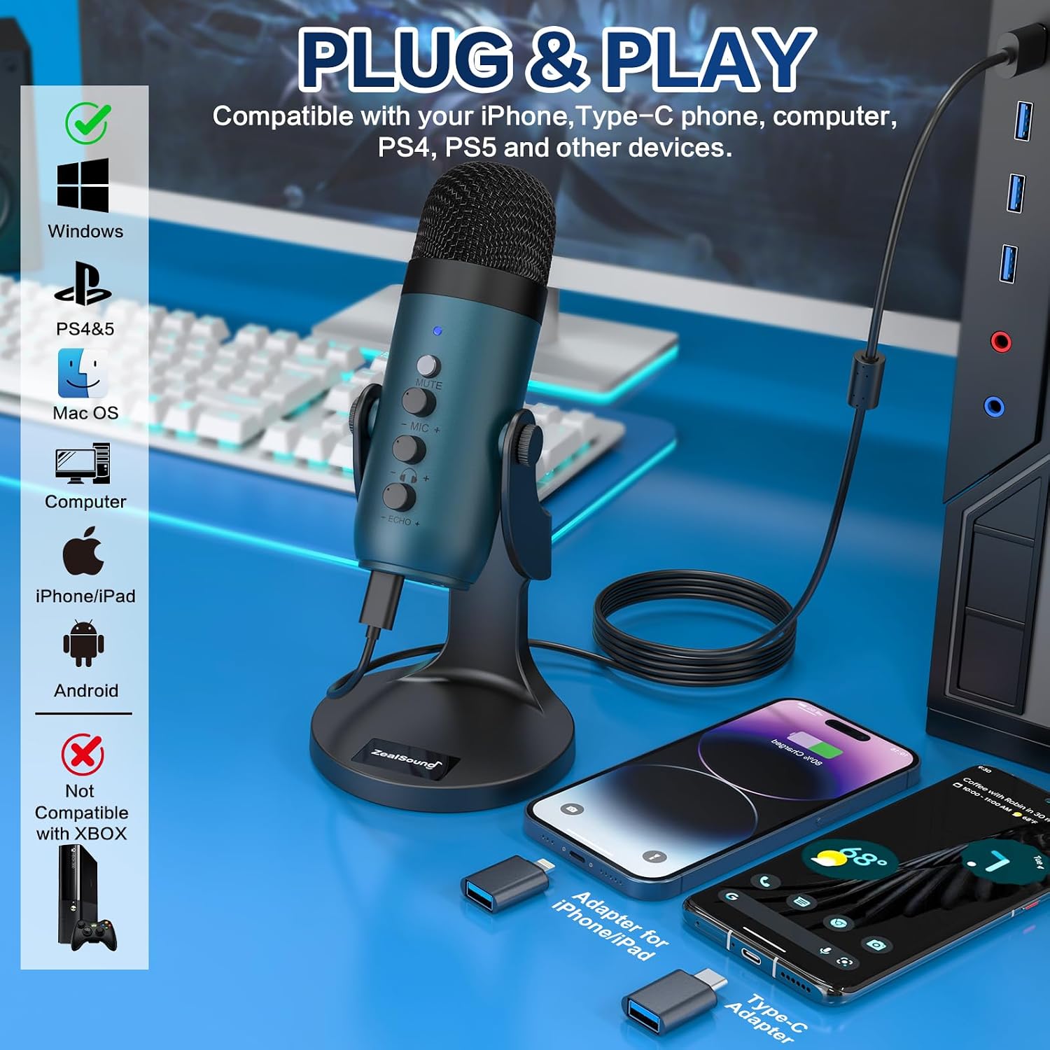 Detalle 2 de ZealSound K66 USB Condenser Microphone, Teal, with Monitoring and Echo Control