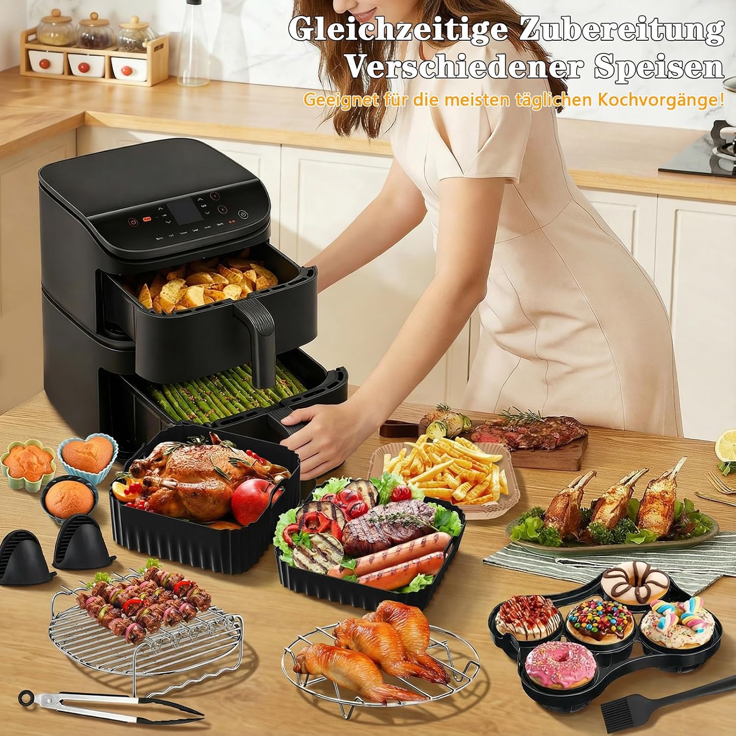 Thumbnail 1 de 18-tlg Heißluftfritteuse-Zubehör für COSORI Turbo Tower Pro Smart 10,8L (Double Stack) – Silikonformen, Grillrost & Backpapier-Set