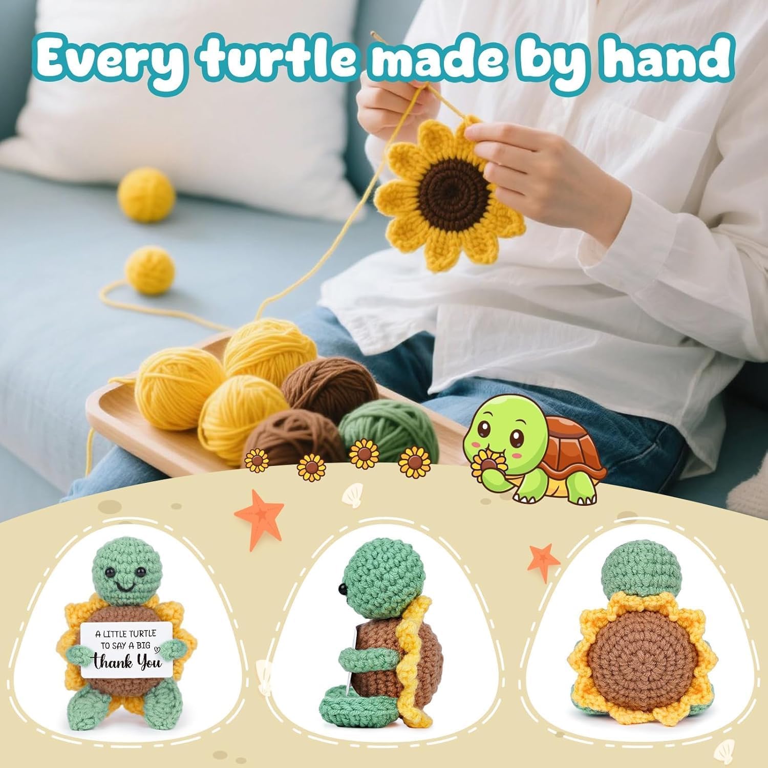 Thumbnail 2 de ALUNME handmade crochet turtle thank you gift with sunflower shell