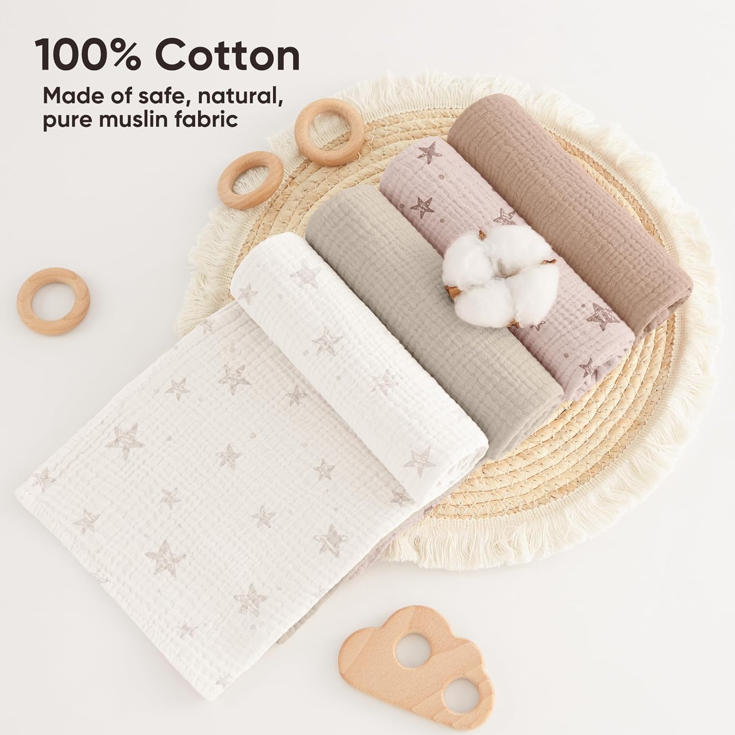 Detalle de bearmoss Muslin Squares Cloths 100% Cotton Baby Burp Cloths 60x60cm (4 Pack) — Soft, Ultra-Absorbent and Gentle for Newborns