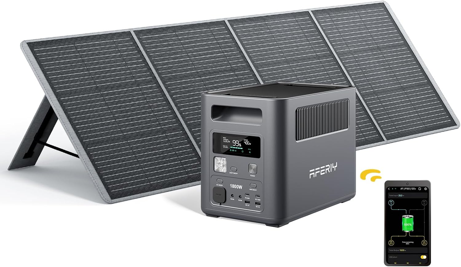Detalle de AFERIY 1800W Solargenerator mit 200W Solarpanel – 1024Wh LiFePO4, 9 Ausgänge, <10 ms USV, APP-Steuerung
