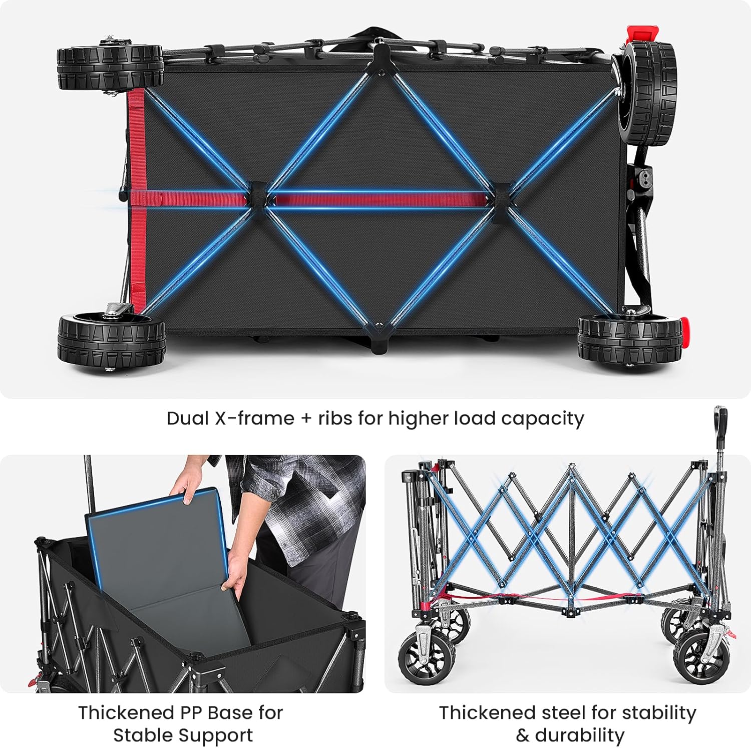 Detalle 2 de YEAUPE PRO Carrello pieghevole con ruote grandi e doppi freni, capacità 150–240 L, pannello posteriore apribile